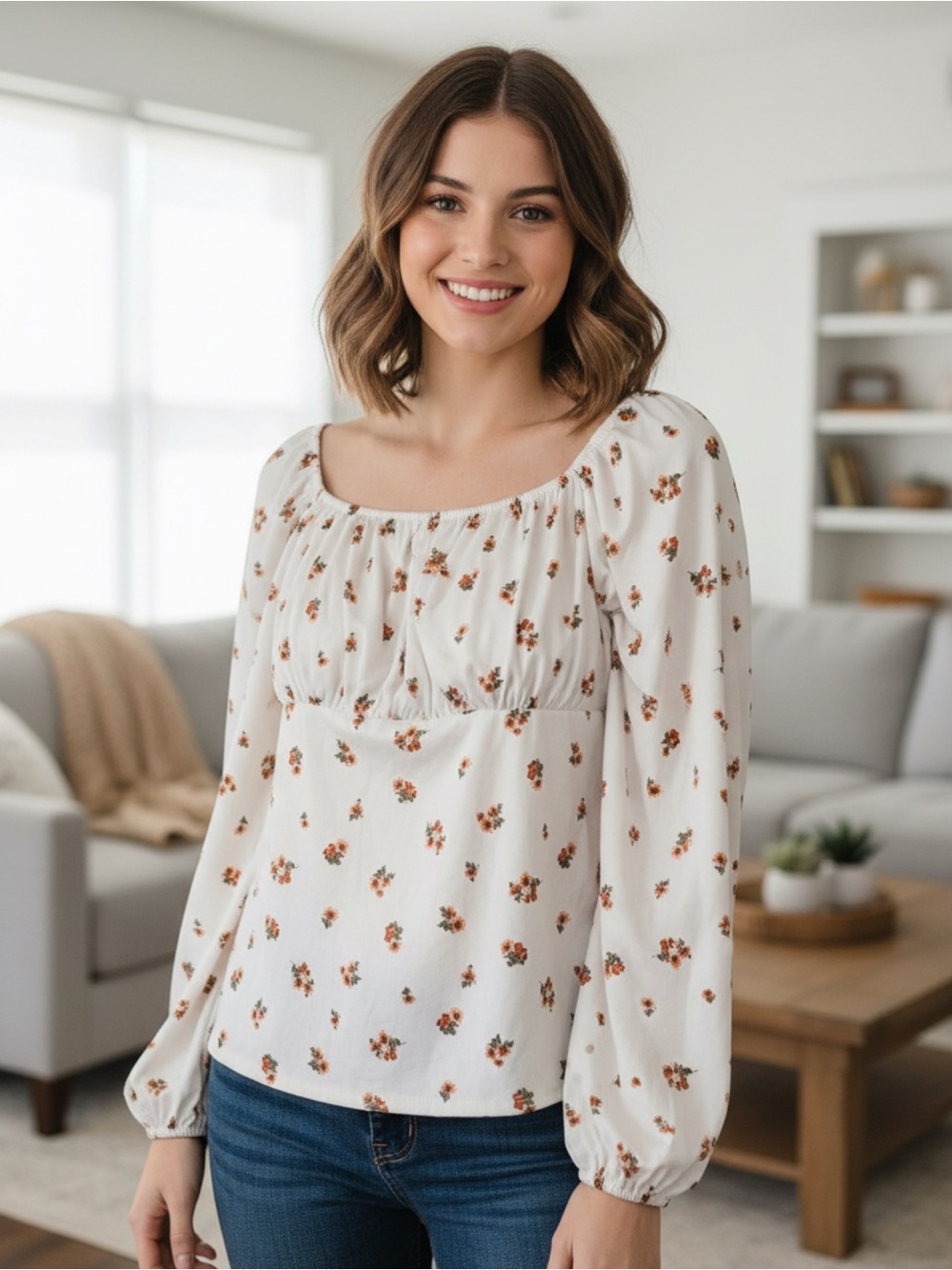 Discreet Cream Floral Long-Sleeve Peasant Top